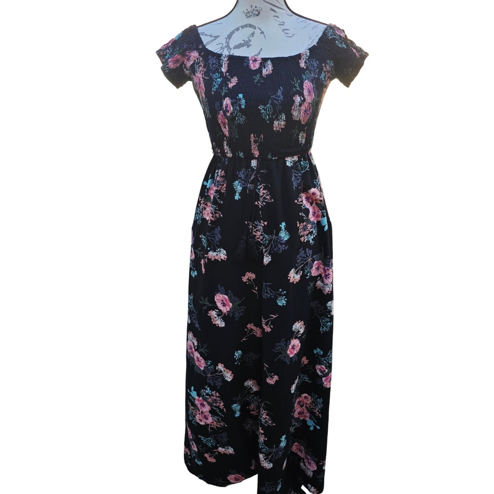 Band of Gypsies 21G Black Floral Smocked Off Shoulder Wide Leg Jumpsuit S